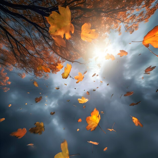 Autumn yellow leaves on a tree waving in the wind against an overcast rainy sky