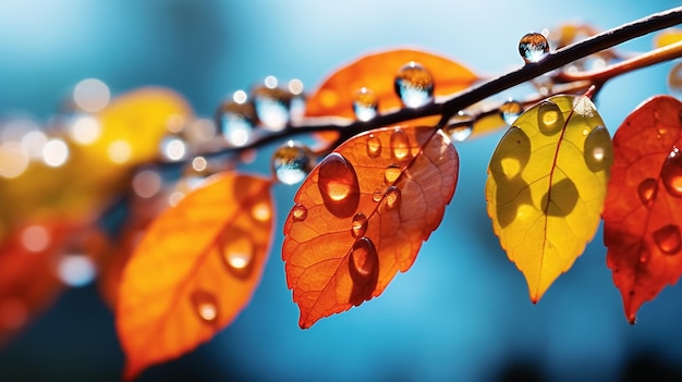 Photo autumn yellow orange leaves on branch with morning dew water drops front blue sky