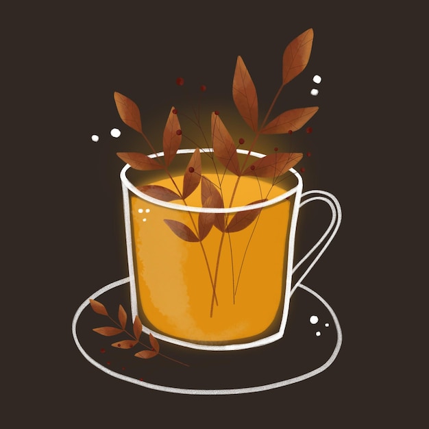 Autumn yellow and red leaves behind cup of coffee illustration