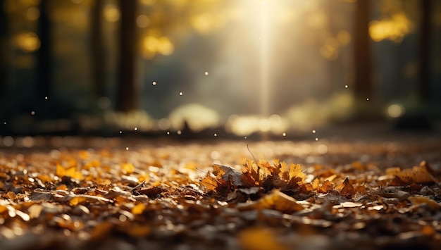 秋の黄金の時間 太陽の光は森の床を温かい光で浴びます
