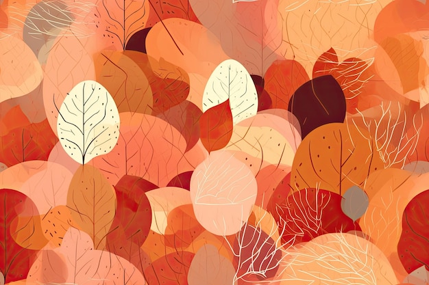 가을 색조의 추상적인 평면 배경 기하학적 패턴 주황색과 빨간색 음영의 현대적인 유체 모양의 잎