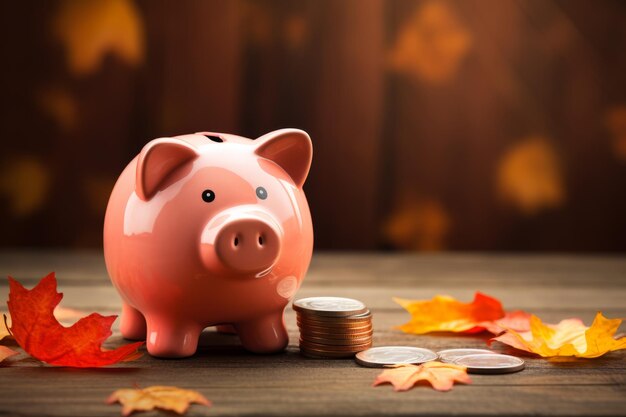 Autumnal abundance harvesting fall savings with a piggy bank and vibrant orange and red leaves ar