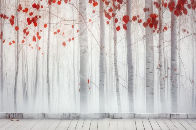 Autumnal backdrop with blank copy space red leaves on a background of white wood