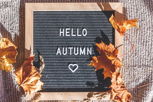 Autumnal Background. Black letter board with text phrase Hello Autumn and dried leaves lying on white knitted sweater. Top view, flat lay. Thanksgiving banner. Hygge mood cold weather concept