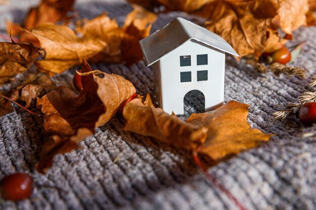 Autumnal Background. Toy house and dried orange fall maple leaves on grey knitted sweater. Thanksgiving banner copy space. Hygge mood cold weather concept. Hello Autumn with family.