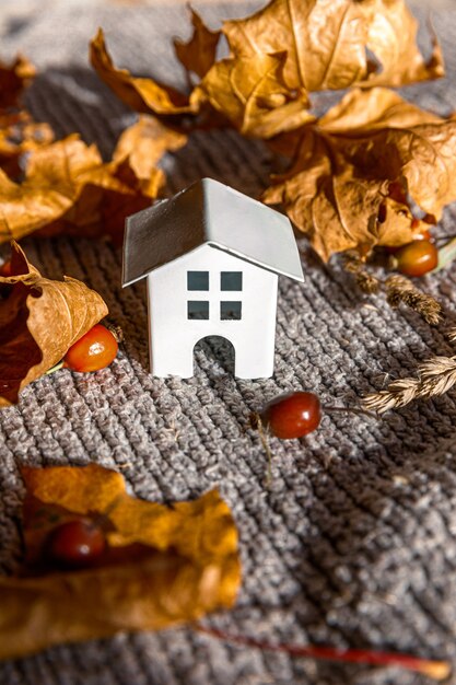 autumnal background. toy house and dried orange fall maple leaves on grey knitted sweater