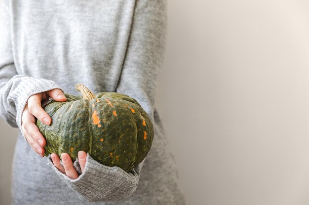 Autumnal background unrecognizable woman hand holding in hands autumn fall pumpkin isolated on white