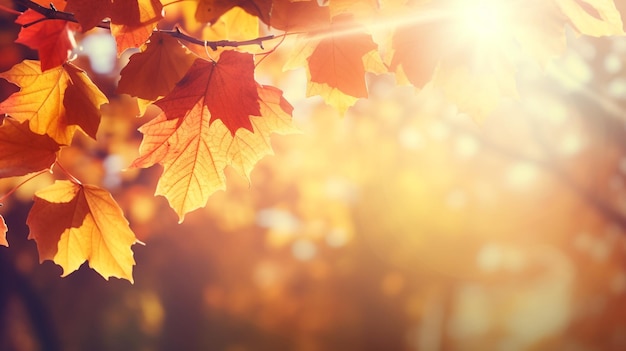 Autumnal background with yellow leaves and sunlight