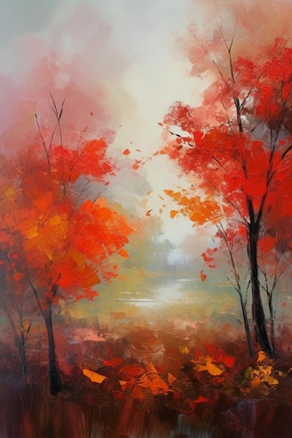 Autumnal Blaze Spatula Painting of Vibrant Trees on a Cool October Day