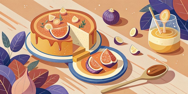 Photo an autumnal cheesecake with figs and honey in a warm kitchen