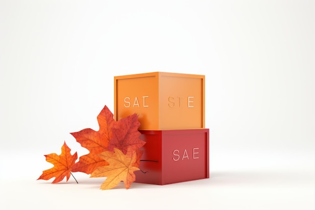 Autumnal Cube Big Sale Surrounded by Vibrant Leaves Isolated on White