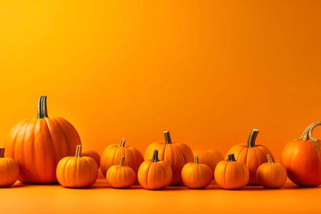 Autumnal display row of big orange pumpkins on pile at all hallows eve in october Colorful vegetables texture shot for Thanksgiving Day and Halloween holidays background generated AI