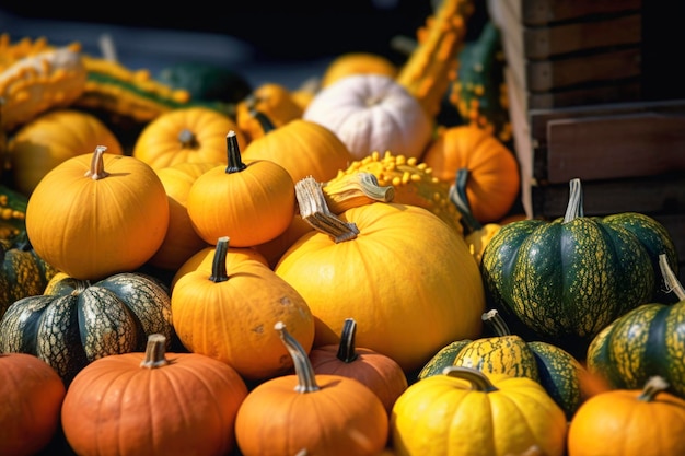 10 月のハロウィーンの前夜に山に置かれた大きなオレンジ色のカボチャの秋の表示行感謝祭とハロウィーンの休日の背景に生成された AI のために撮影されたカラフルな野菜のテクスチャ