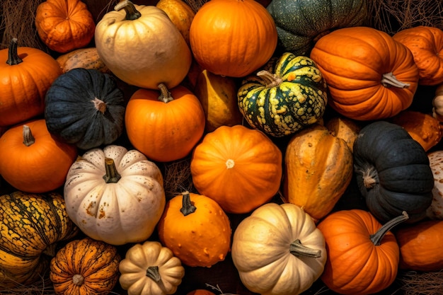 Autumnal display row of big orange pumpkins on pile at all hallows eve in october Colorful vegetables texture shot for Thanksgiving Day and Halloween holidays background generated AI