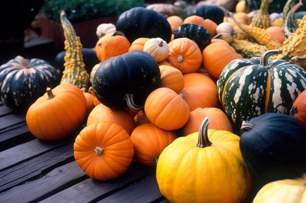 Autumnal display row of big orange pumpkins on pile at all hallows eve in october Colorful vegetables texture shot for Thanksgiving Day and Halloween holidays background generated AI