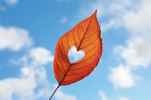 Photo autumnal dry red leaf and heart against blue sky