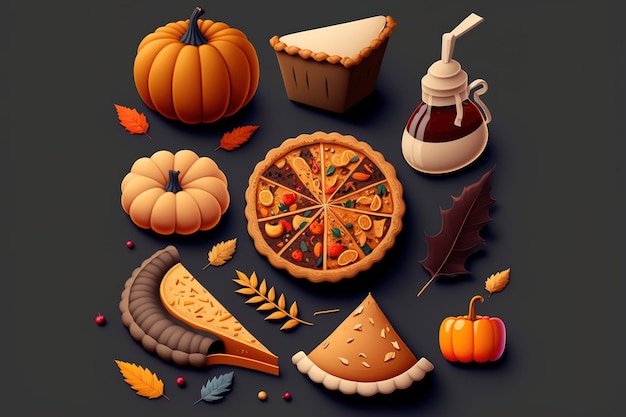 Autumnal elements including pie pumpkins and spices on a gray backdrop