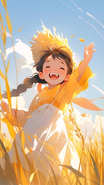 During the autumnal equinox a super cute little girl is running in the golden rice field