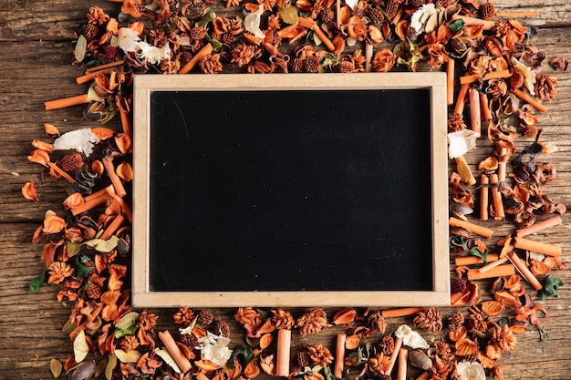 Autumnal flat lay with chalkboard