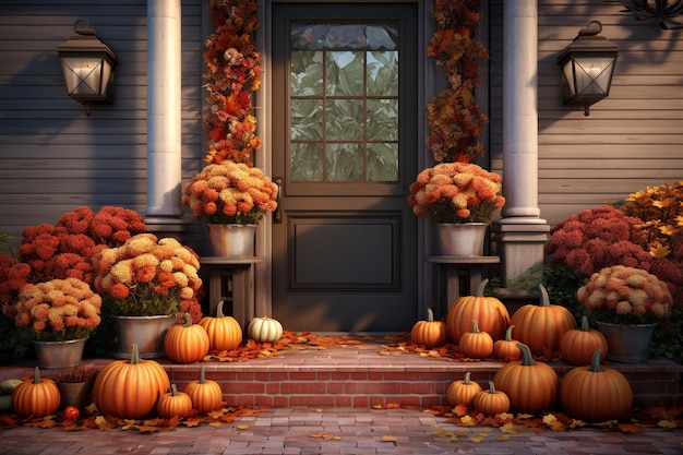 Autumnal front porch decor with pumpkins mums and 00006 02