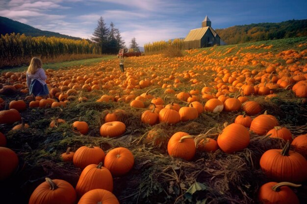 Autumnal harvesting pumpkins Thanksgiving Day and Halloween holidays background Pick your own pumpkin on farm from pumpkin patch generated AI