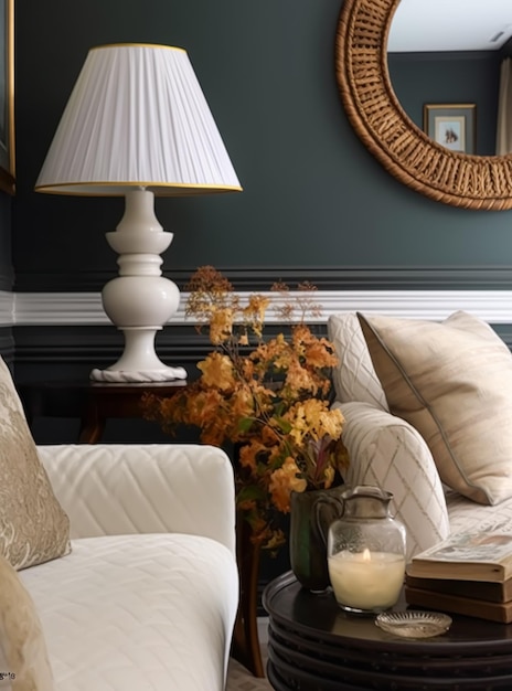 Autumnal home decor and interior design furniture and interior decoration accessories soft furnishings upholstery and textiles in English country house and elegant cottage style generative ai