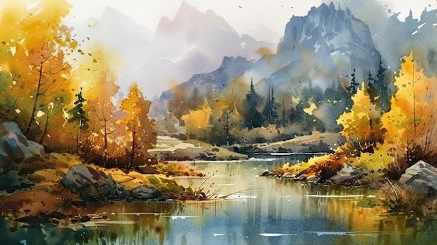 Autumnal Landscape with Mountains Forests and a Lake in Watercolor