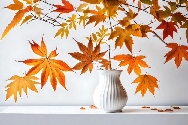 写真 白い壁に白い花瓶の紅葉