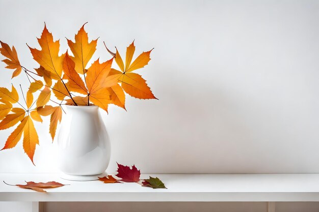 Autumnal leaves in white vase on white wall