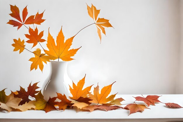 Autumnal leaves in white vase on white wall