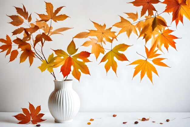 Autumnal leaves in white vase on white wall