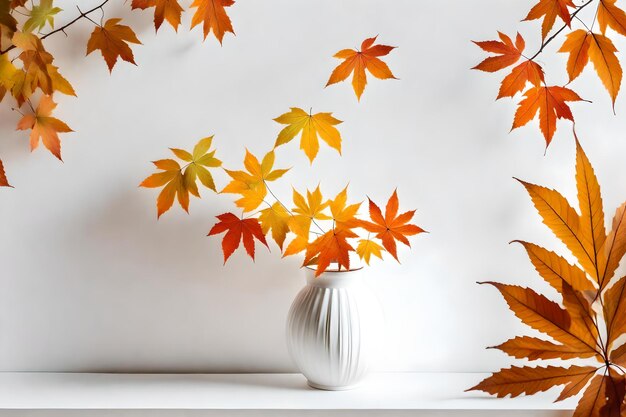 Autumnal leaves in white vase on white wall