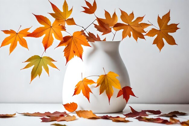 Autumnal leaves in white vase on white wall