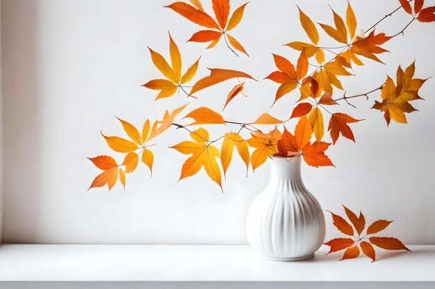 Autumnal leaves in white vase on white wall