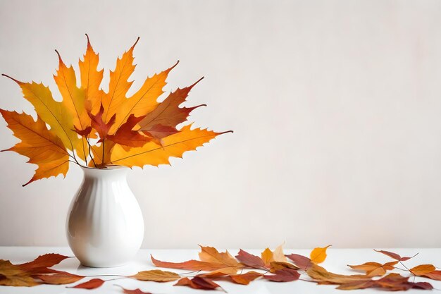 Autumnal leaves in white vase on white wall