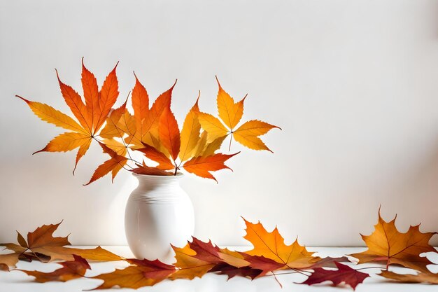 Autumnal leaves in white vase on white wall