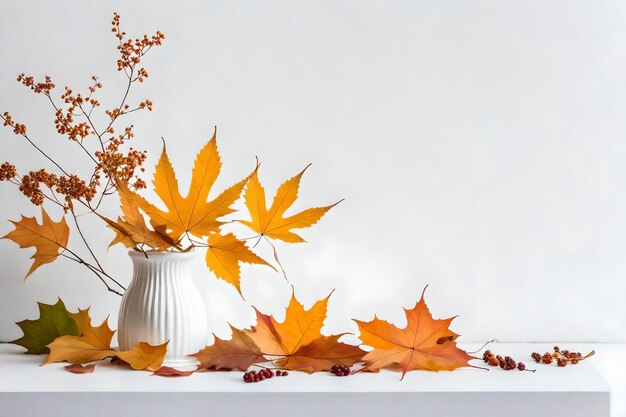 Autumnal leaves in white vase on white wall