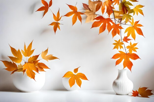 Autumnal leaves in white vase on white wall