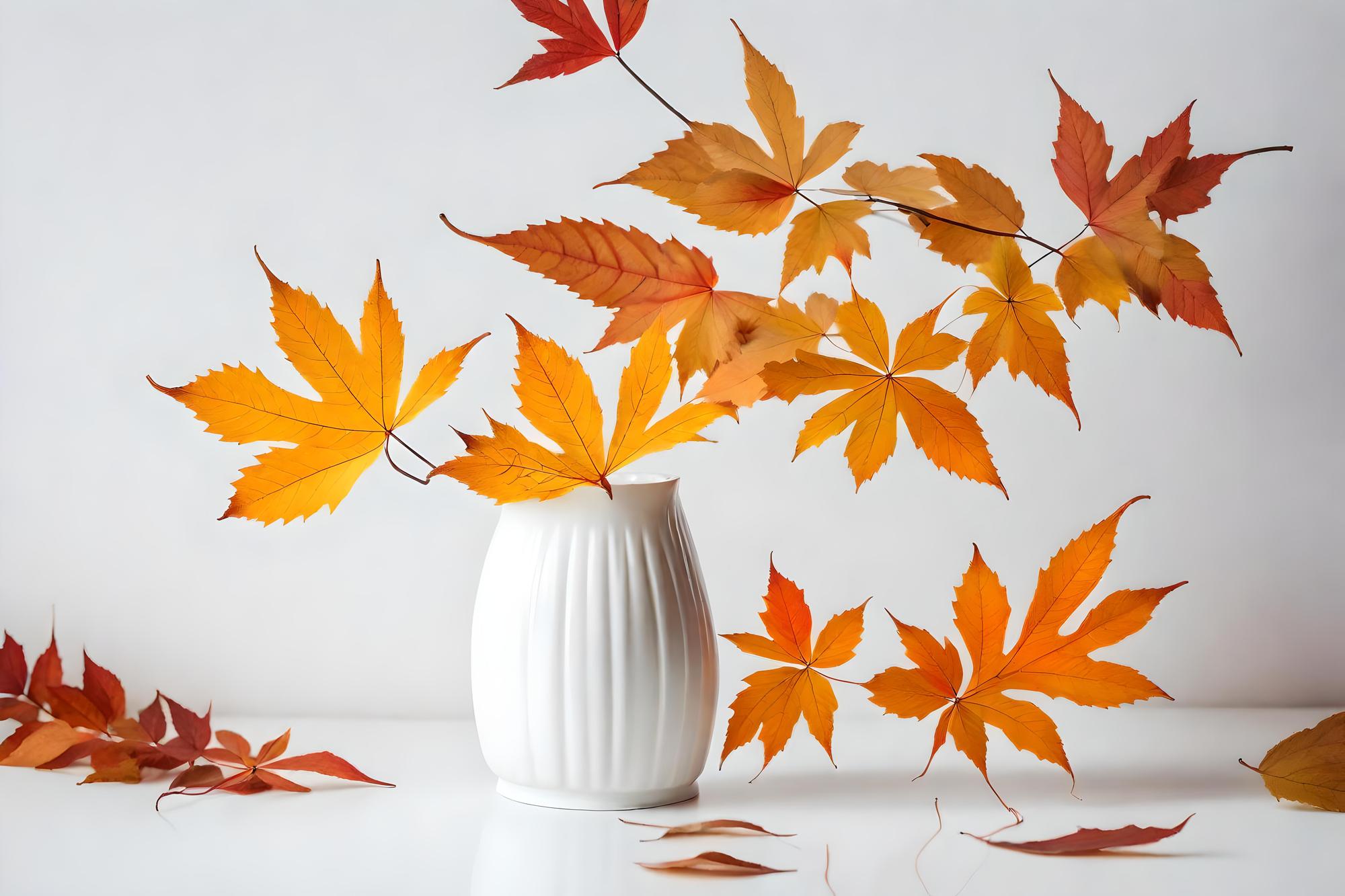 Autumnal leaves in white vase on white wall