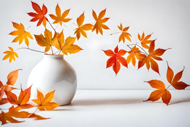 Autumnal leaves in white vase on white wall