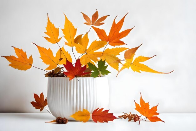 Autumnal leaves in white vase on white wall