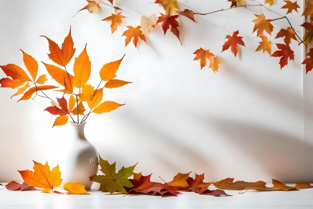 Autumnal leaves in white vase on white wall