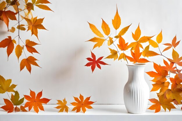 Autumnal leaves in white vase on white wall