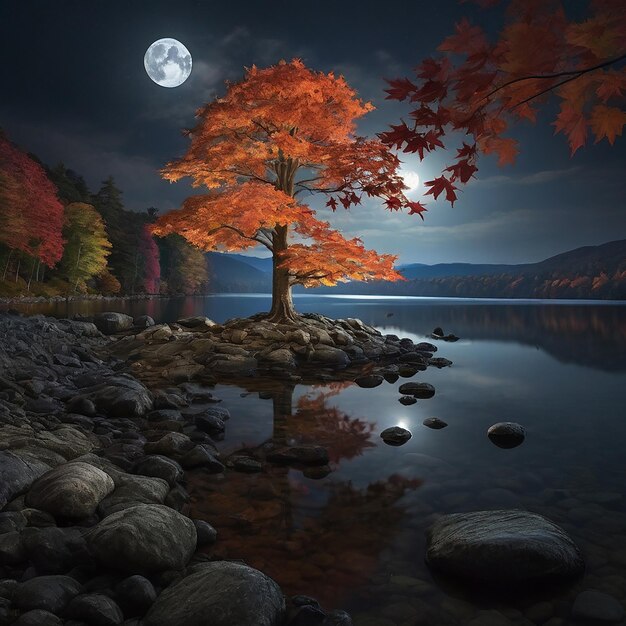 Autumnal Maple over Moonlit Lake