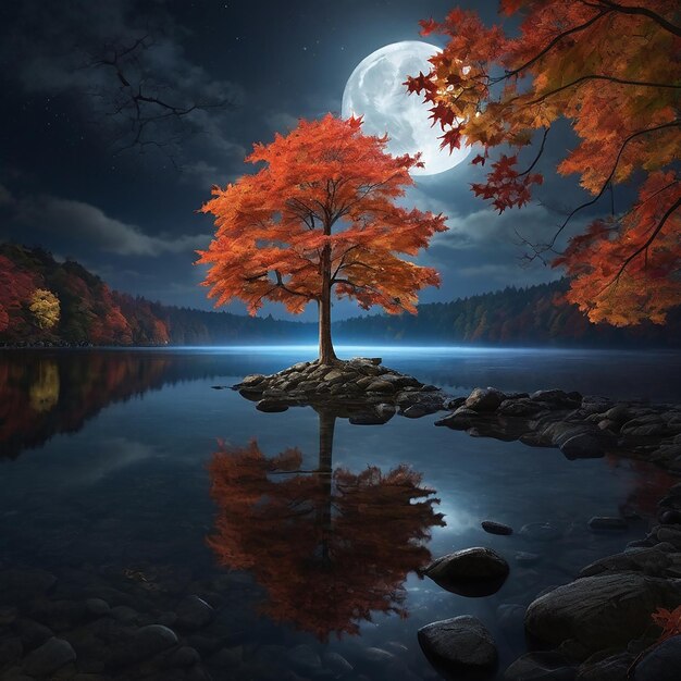 Photo autumnal maple over moonlit lake