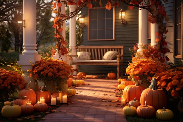 Autumnal porch decor with pumpkins lanterns and fa 00019 03