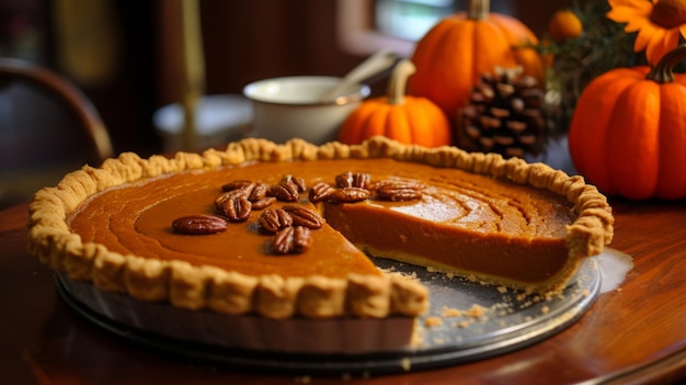 Photo autumnal pumpkin pie with festive decor