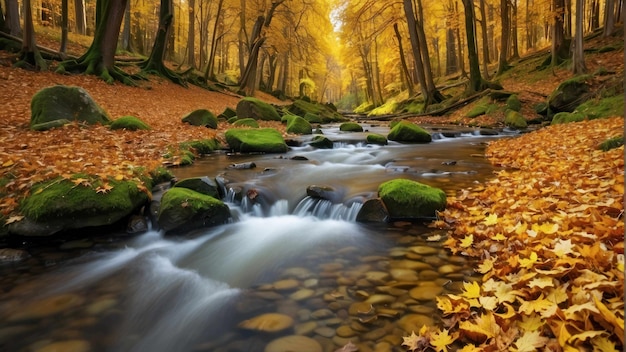 Autumnal river scene with flowing water and trees