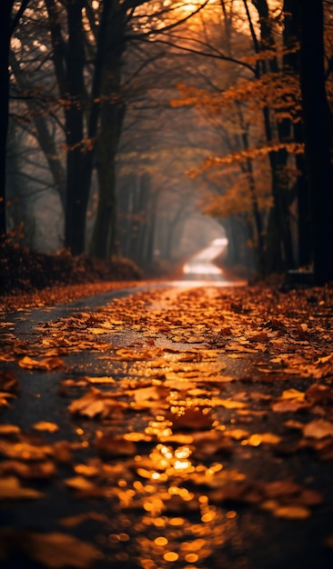 Autumnal road in the forest Beautiful autumnal landscape