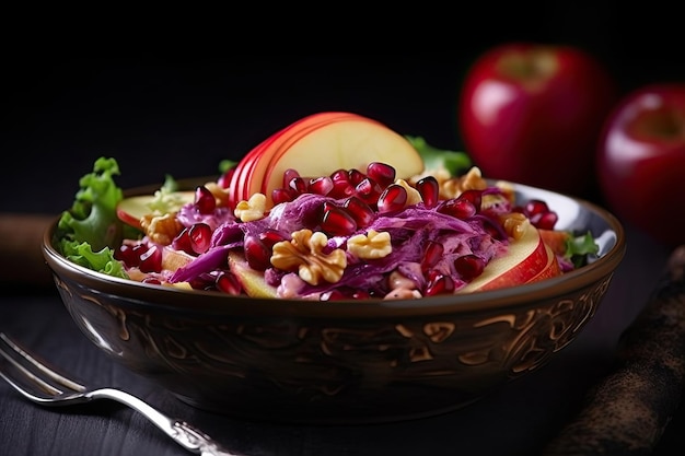 Autumnal salad purple cabbage apple walnuts pumpkin seeds and pomegranate seeds on black background Ai generative